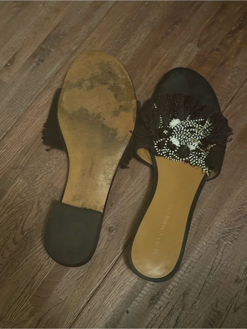 Rebecca Minkoff Black Slide Sandals with White Beaded Floral Accents